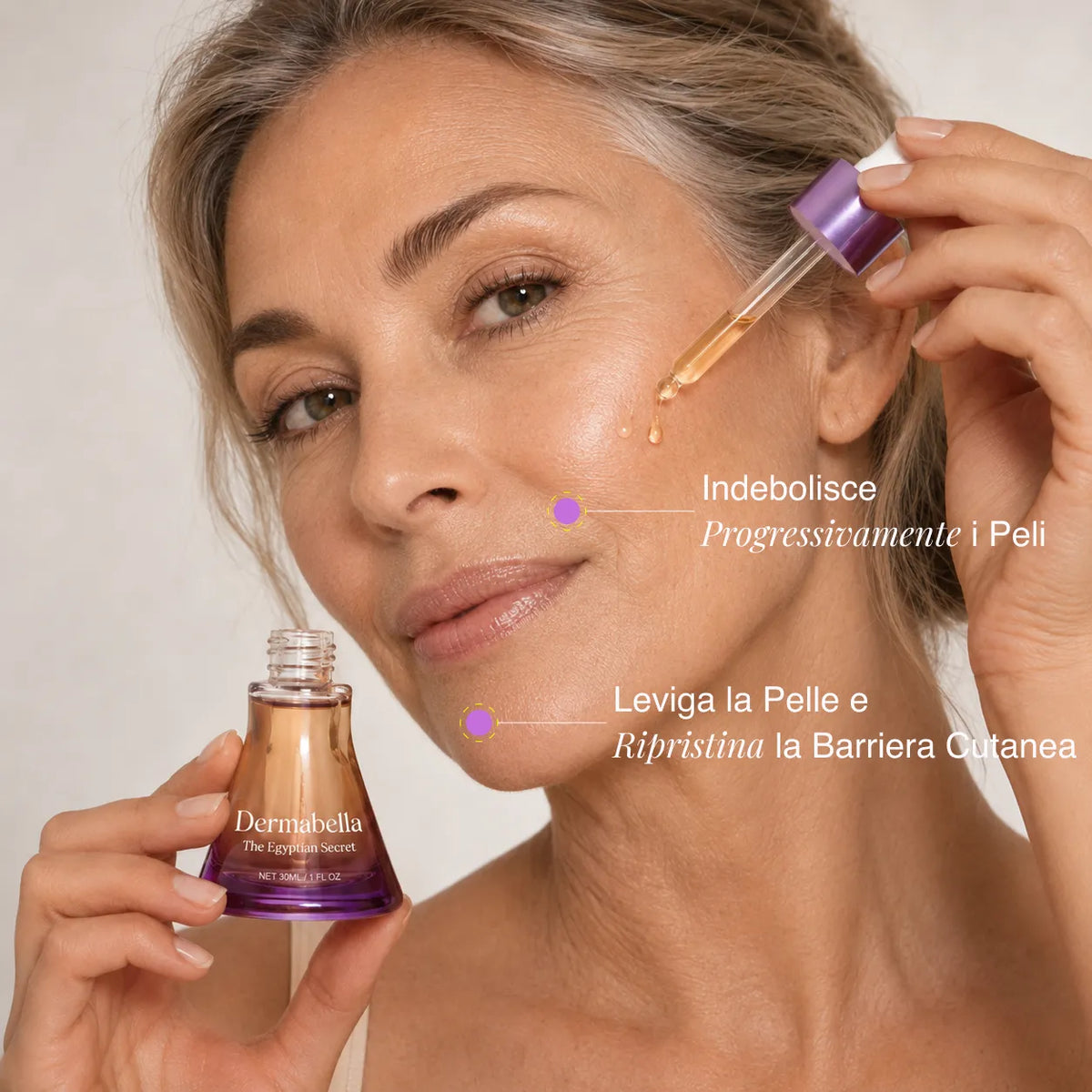 Applicazione del siero Dermabella sul viso: indebolisce i peli e leviga la pelle