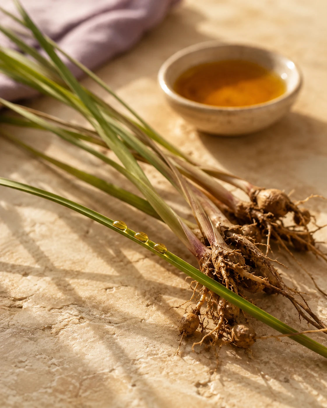 Cyperus Rotundus con gocce di olio botanico